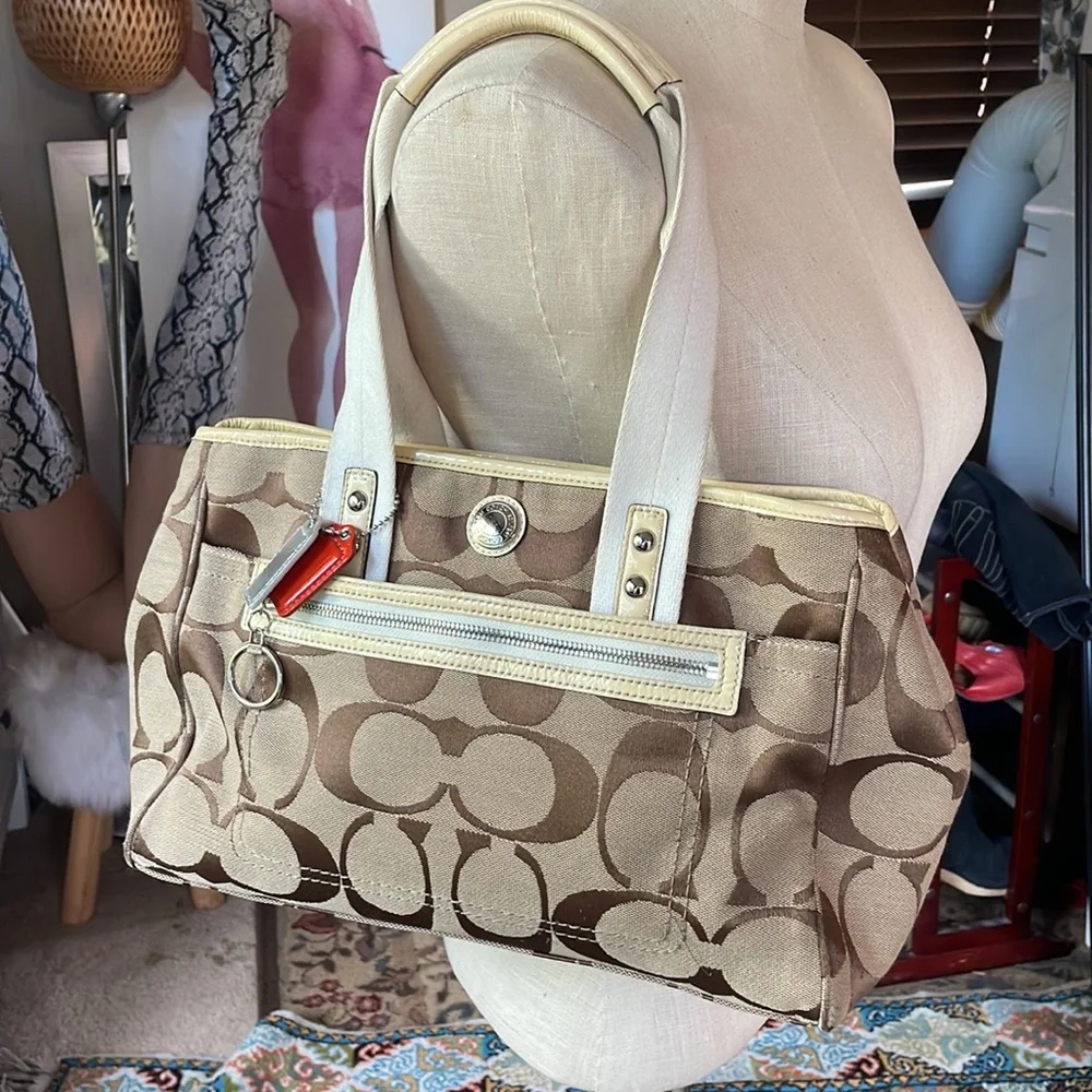 Taupe/tan Coach logo purse, violet lining, white straps - Picture 2 of 12